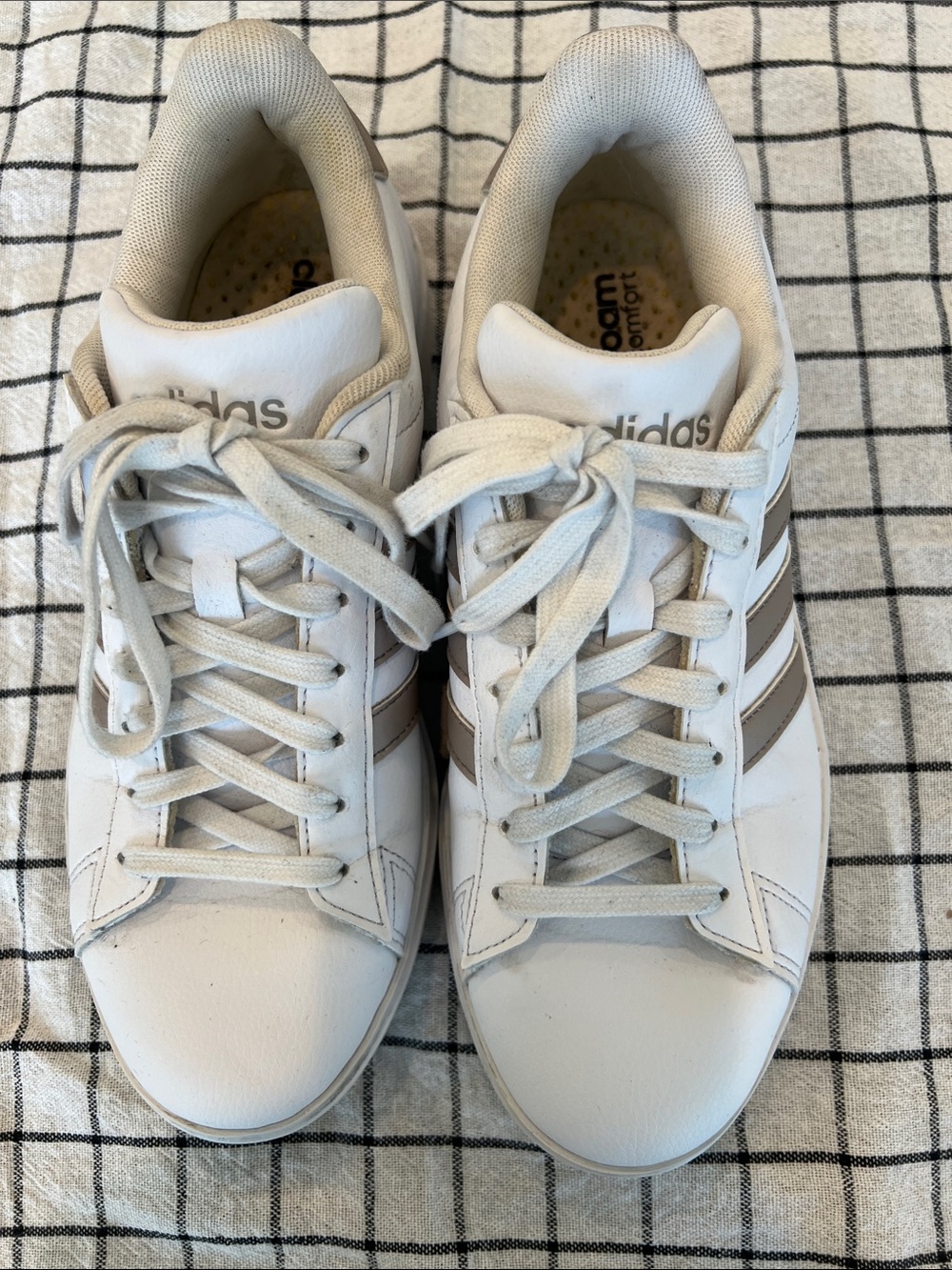 adidas White Sneakers with Taupe Stripes